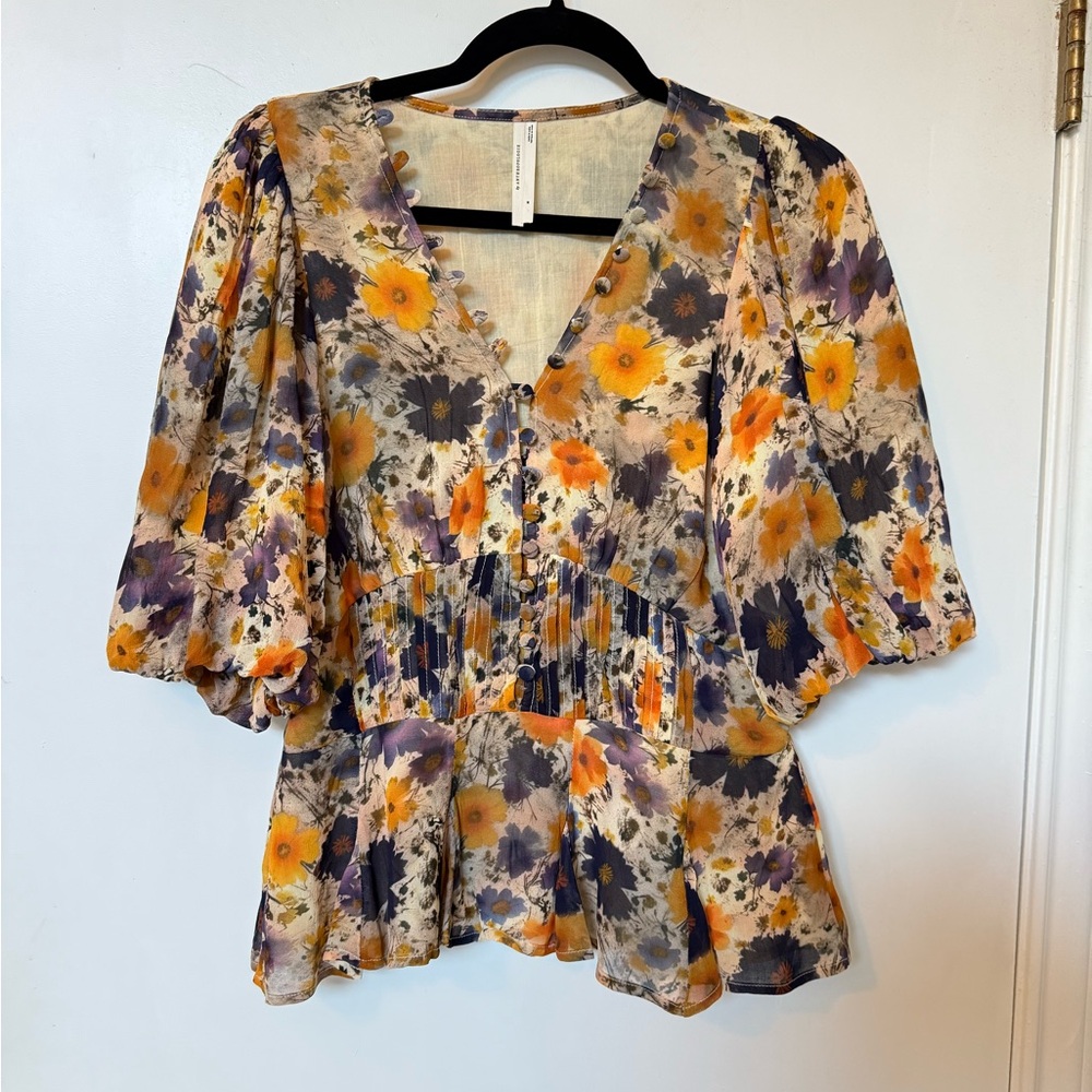 Anthropologie Floral Peplum Blouse in Mustard, Purple, Cream - Picture 2 of 8